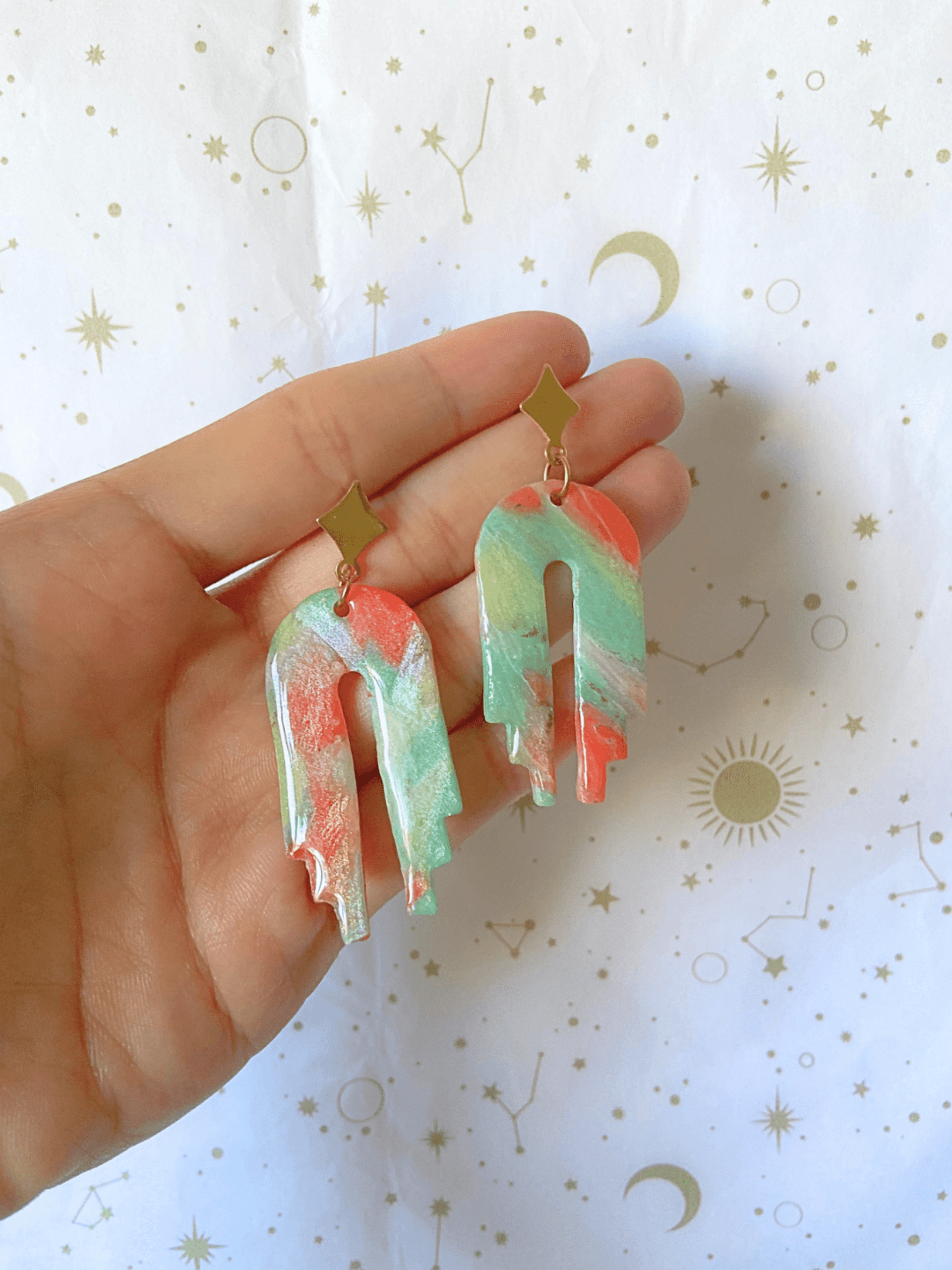 Pendientes Statement Marmoleado Menta & Coral - 1