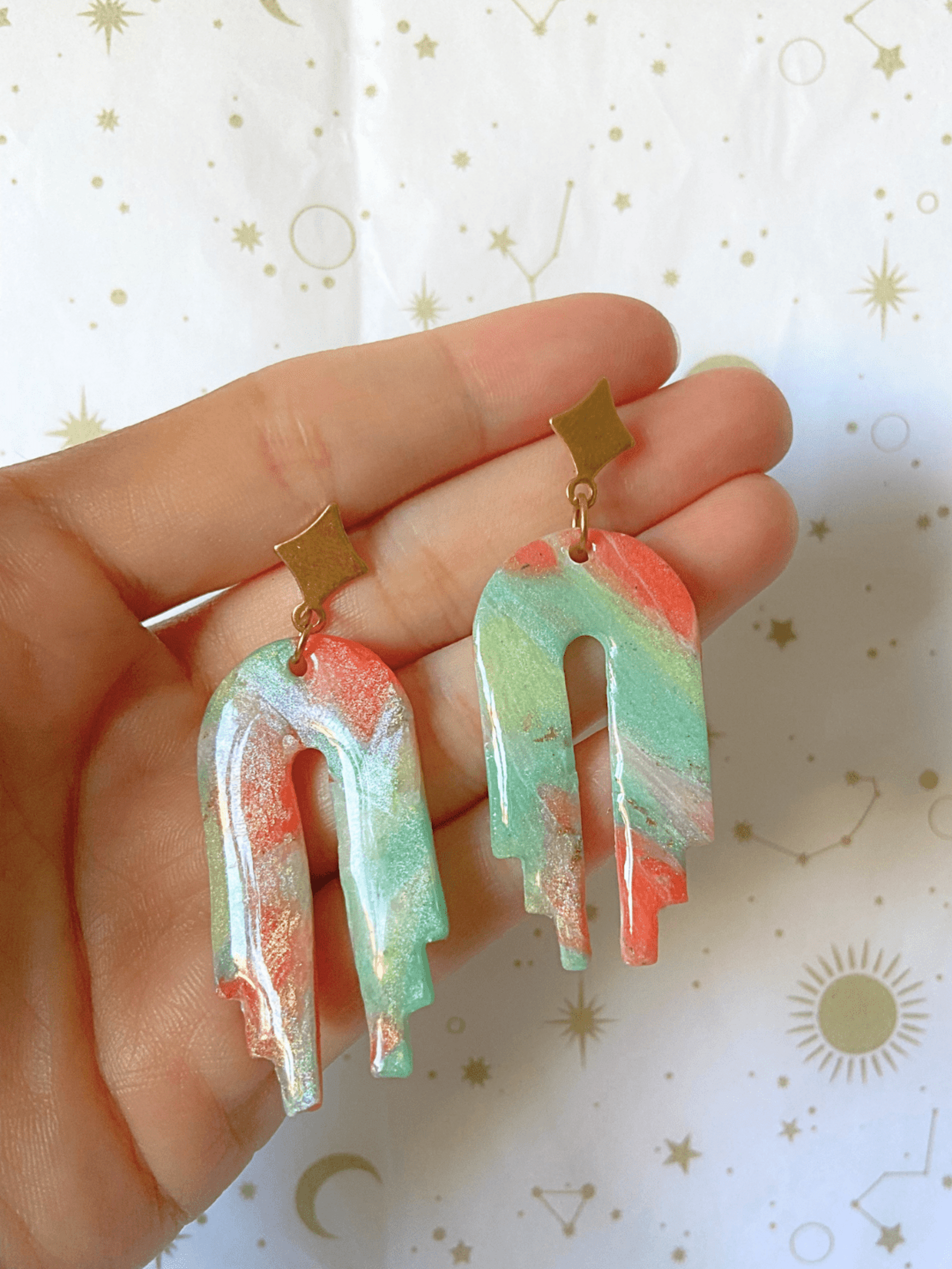 Pendientes Statement Marmoleado Menta & Coral - 2